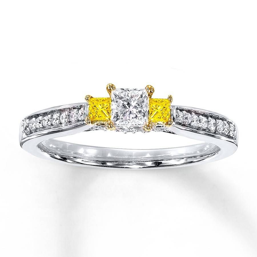 1 Carat Trilogy Princess White And Yellow Diamond Engagement Ring With Regard To Engagement Rings Trilogy (View 11 of 15)