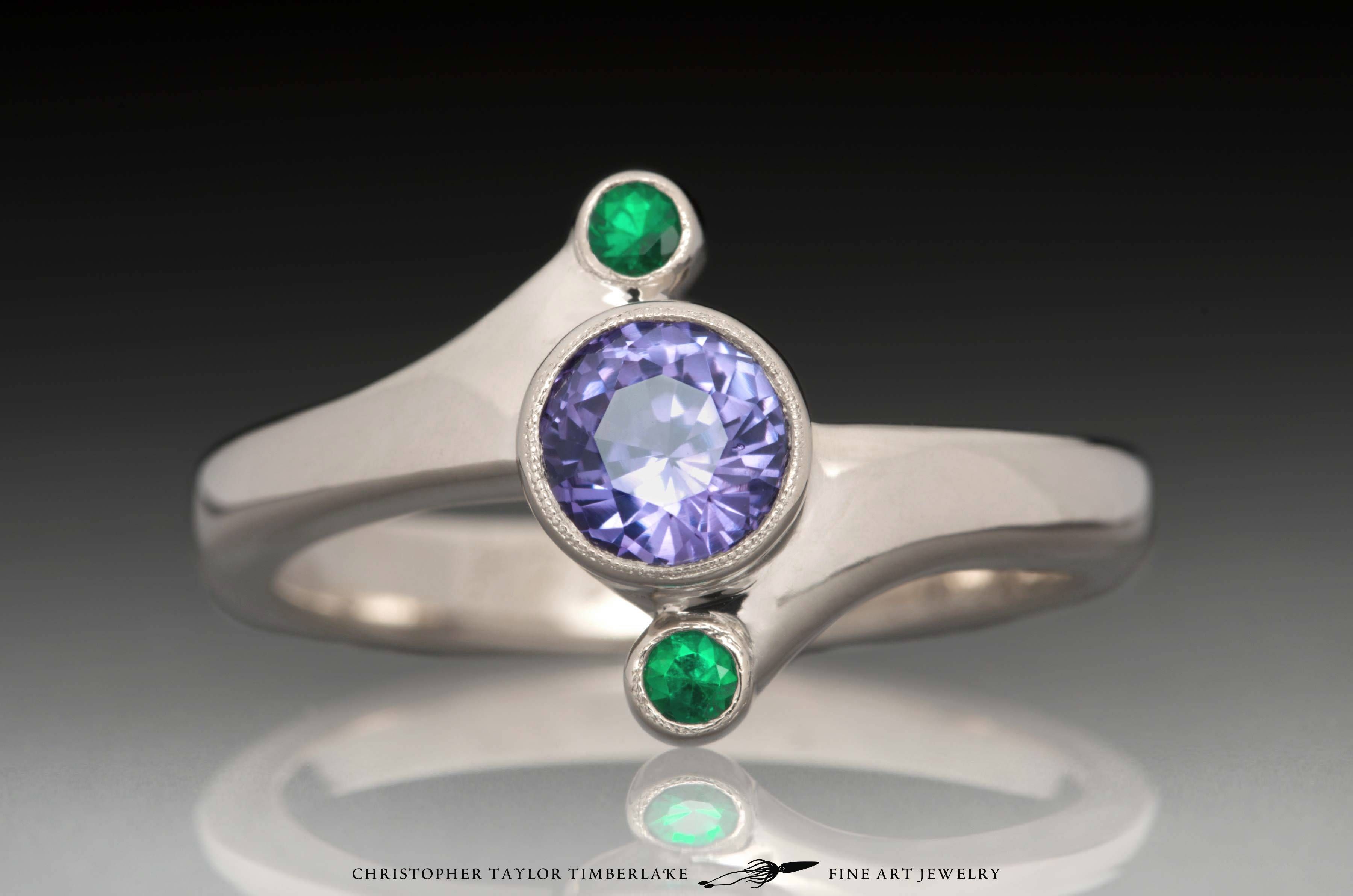 14k Palladium White Gold 3 Stone Engagement Ring With Sapphire And For Emerald And Sapphire Engagement Rings (View 6 of 15)