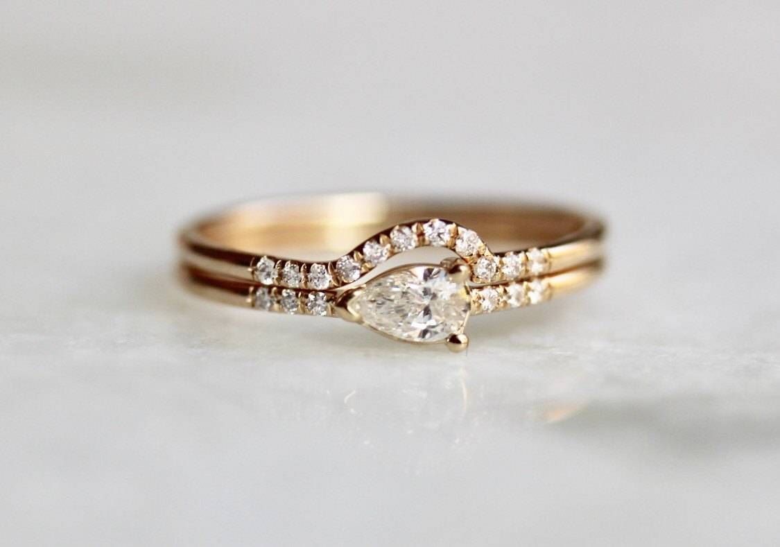 14k Pear Diamond Engagement Ring Set, Wrap Around Wedding Band For Wrap Around Engagement Rings (View 8 of 15)