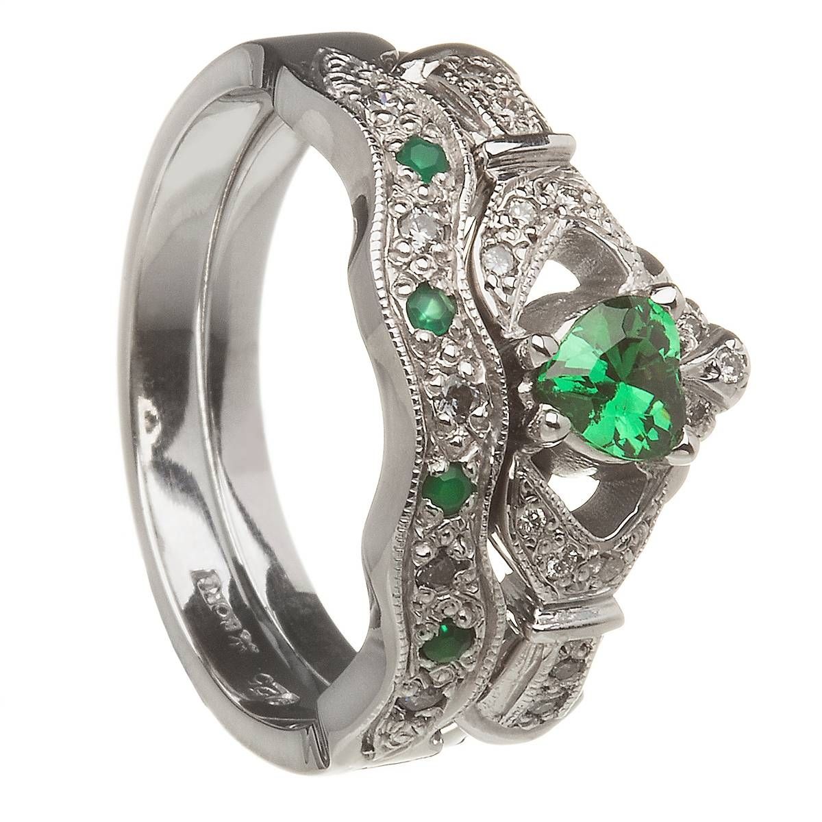 14k White Gold Emerald Set Heart Claddagh Ring & Wedding Ring Set For Claddagh Rings Engagement Sets (View 10 of 15)