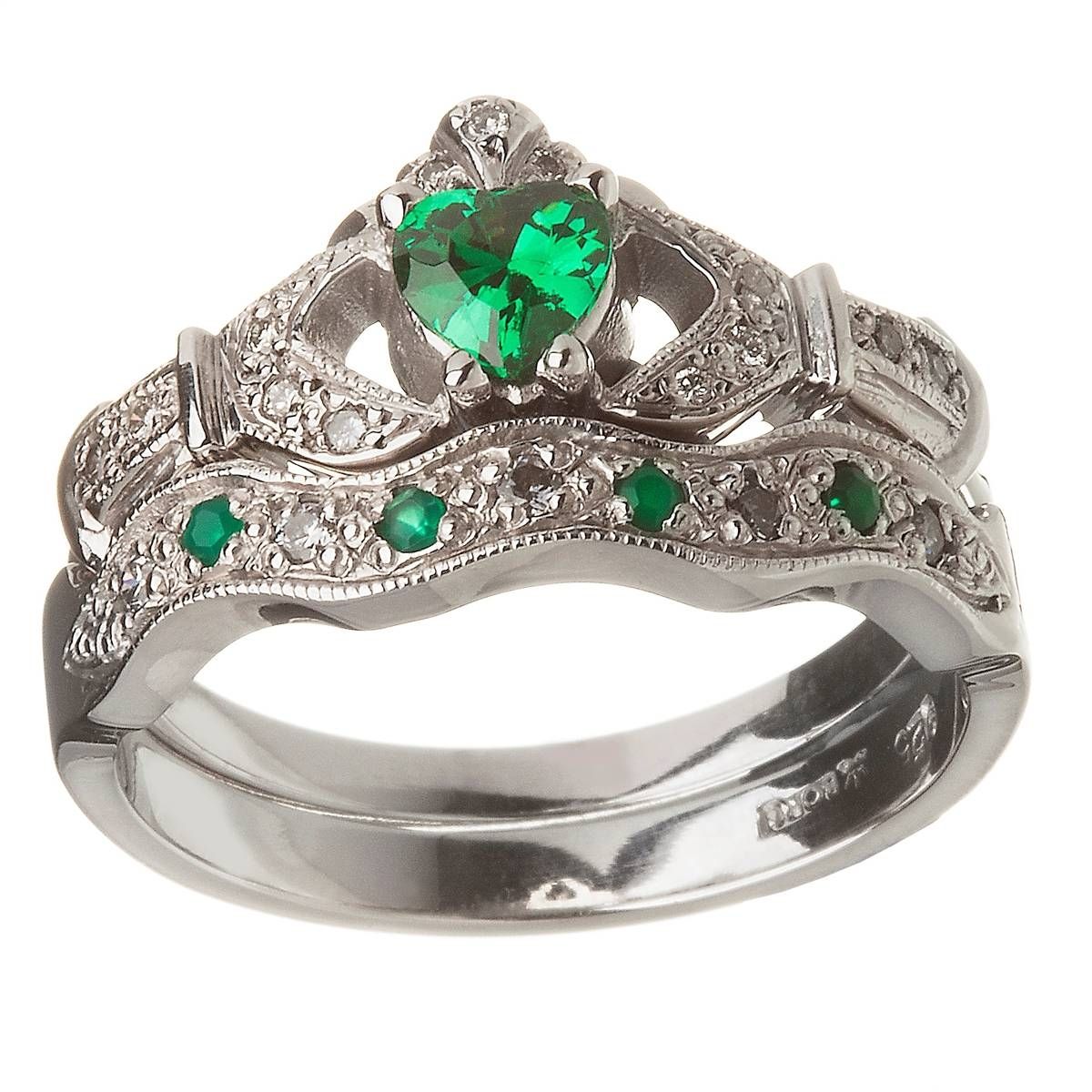 14k White Gold Emerald Set Heart Claddagh Ring & Wedding Ring Set Pertaining To Claddagh Rings Engagement Rings (View 3 of 15)