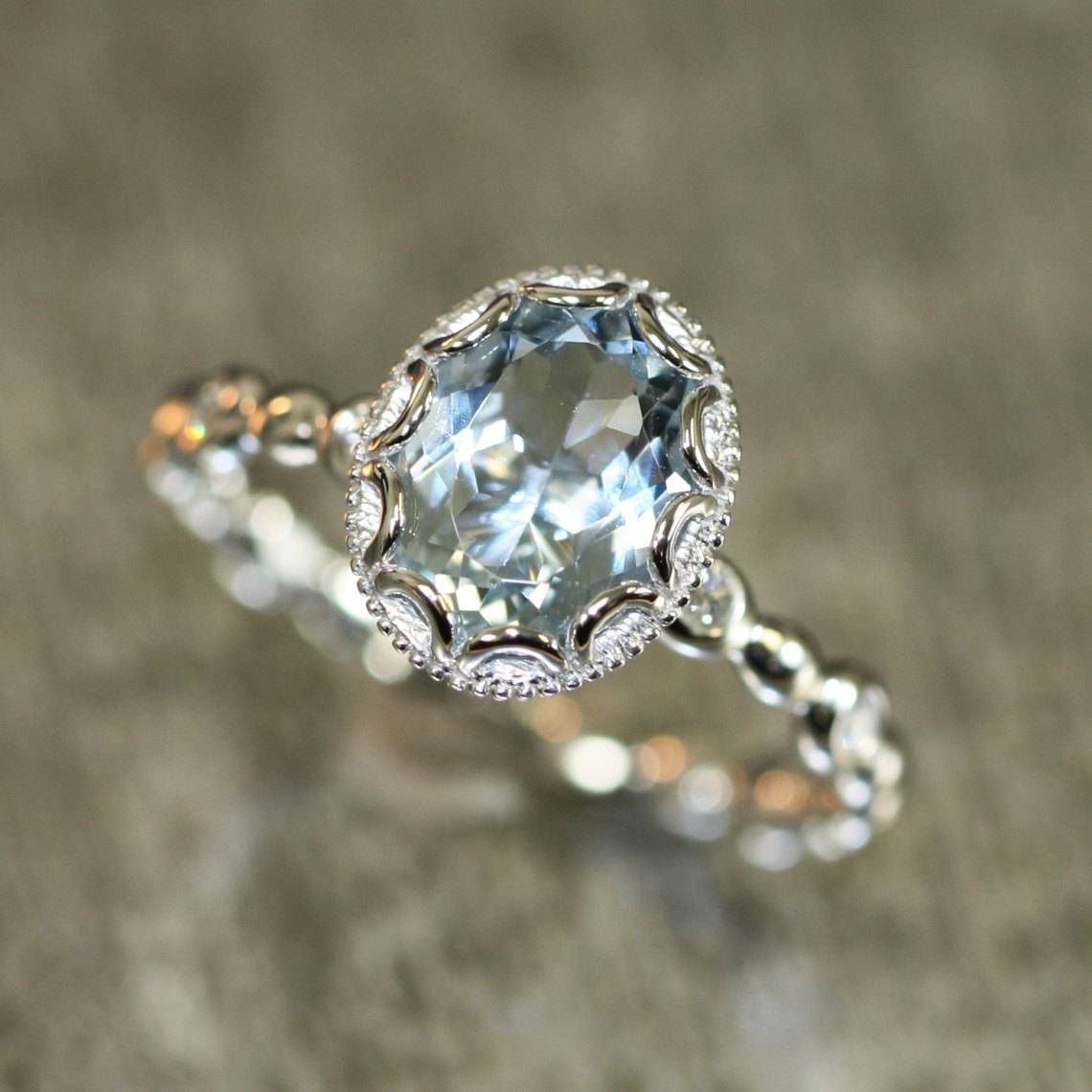 14k White Gold Floral Aquamarine Engagement Ring In Pebble In Etsy Vintage Wedding Bands (View 6 of 15)