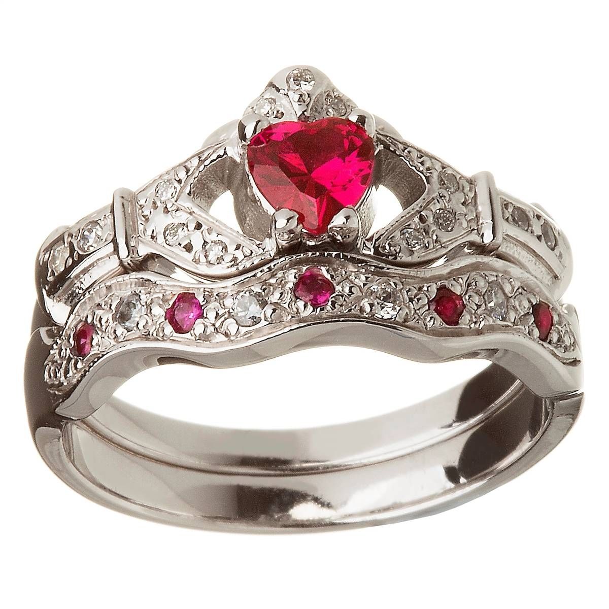 14k White Gold Ruby Set Heart Claddagh Ring & Wedding Ring Set In Claddagh Engagement Ring Sets (Photo 3 of 15)