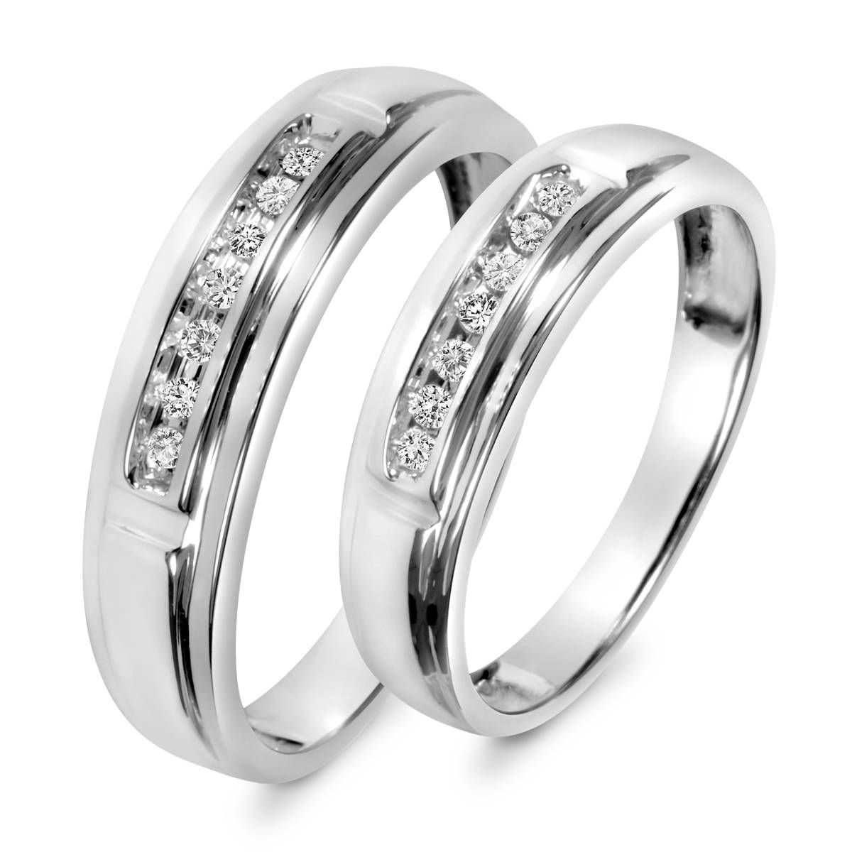 1/8 Carat T.w. Diamond His And Hers Wedding Band Set 10k White Gold In His And Her Wedding Bands Sets (Photo 109 of 339)