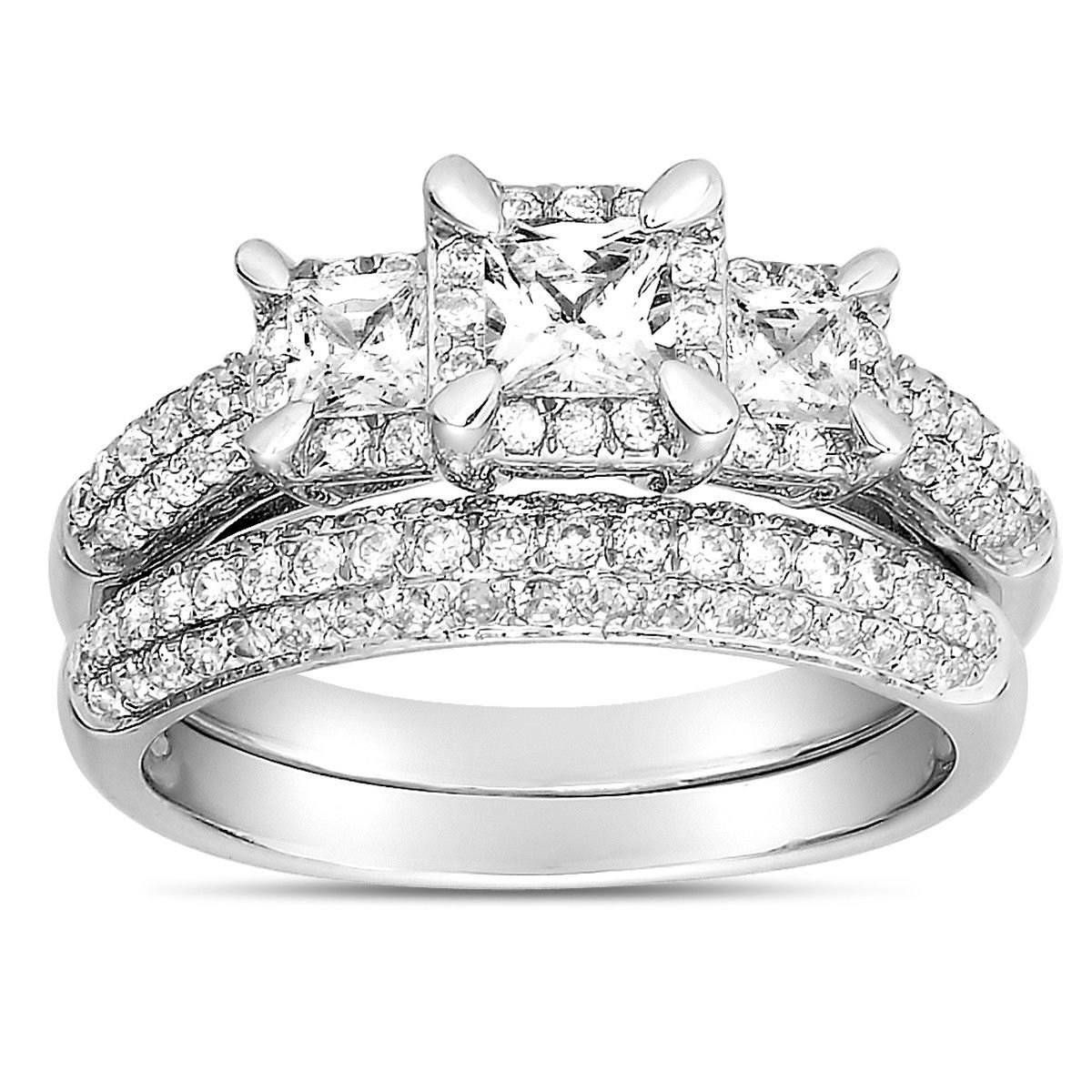 2 Carat Three Stone Trilogy Princess Diamond Wedding Ring Set In For White Gold Trilogy Engagement Rings (View 12 of 15)