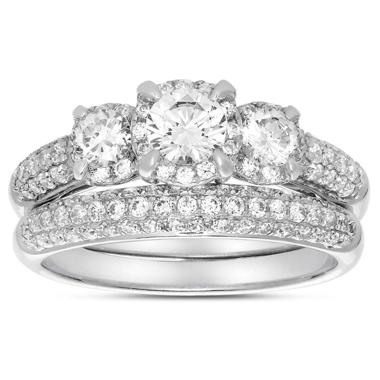 2 Carat Three Stone Trilogy Round Diamond Wedding Ring Set In Regarding White Gold Trilogy Engagement Rings (View 8 of 15)