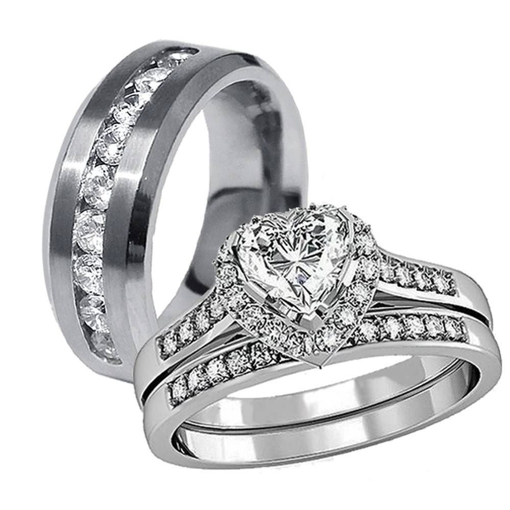 3 Pcs His Hers Stainless Steel Women's Wedding Engagement Rings With His And Her Wedding Bands Sets (Photo 41 of 339)