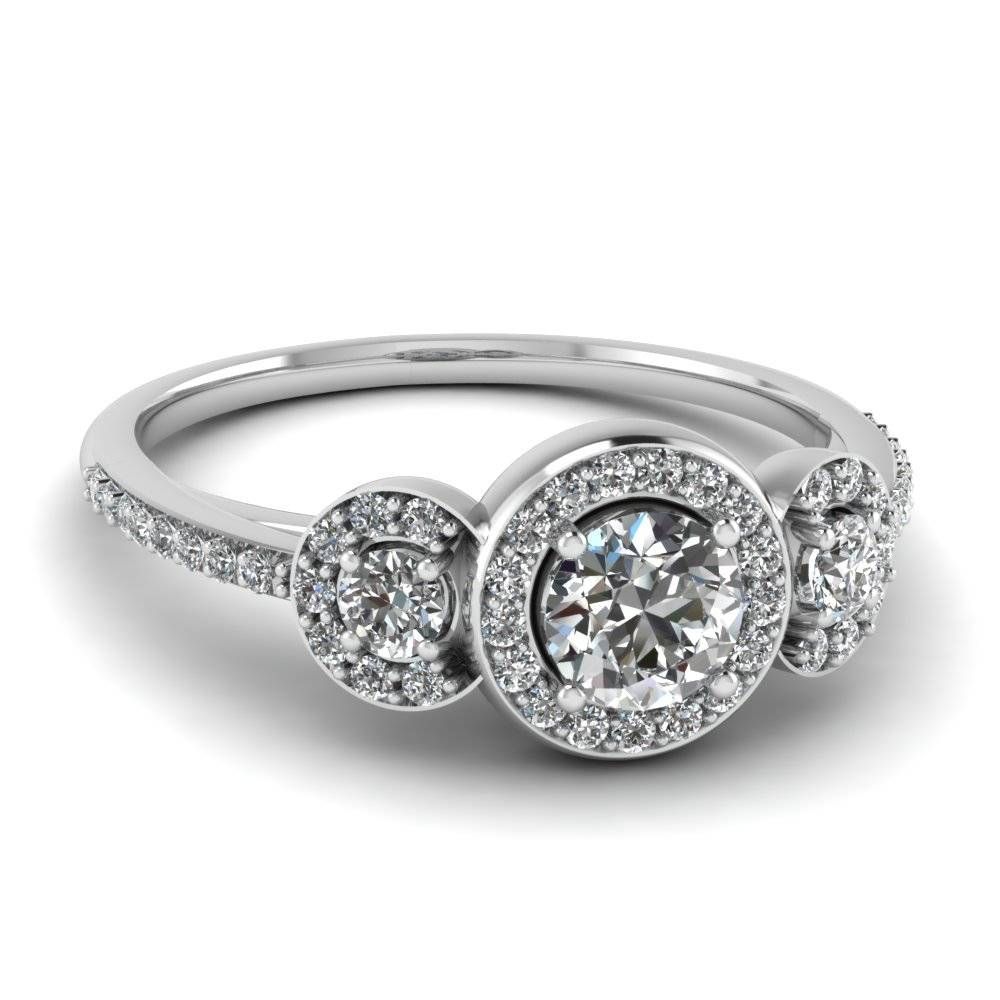 3 Stone Diamond Petite Halo Vintage Wedding Ring In 14k White Gold In 14k Wedding Rings (Photo 5 of 15)