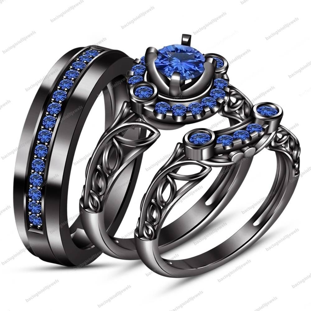 40 Blue Diamond Wedding Set, Princess Cut Blue Diamond Matching With Blue Diamond Wedding Rings Sets (View 9 of 15)