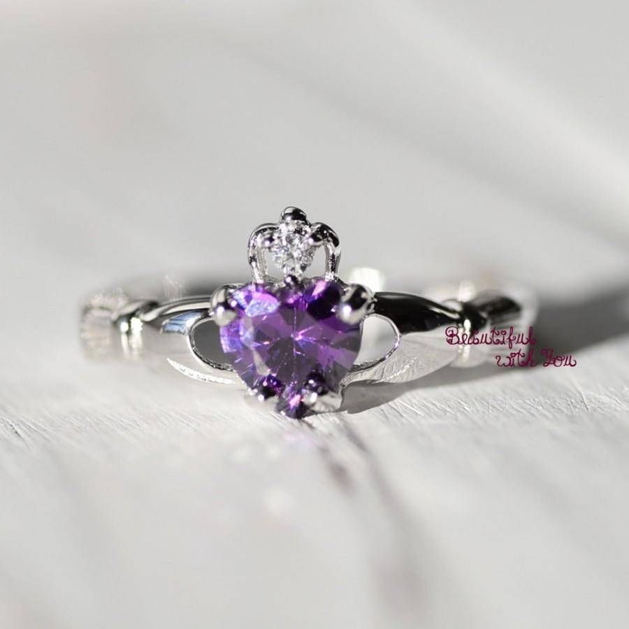 Amethyst Cz Sterling Silver Claddagh Ring Traditional Irish Ring Pertaining To Traditional Scottish Engagement Rings (View 15 of 15)