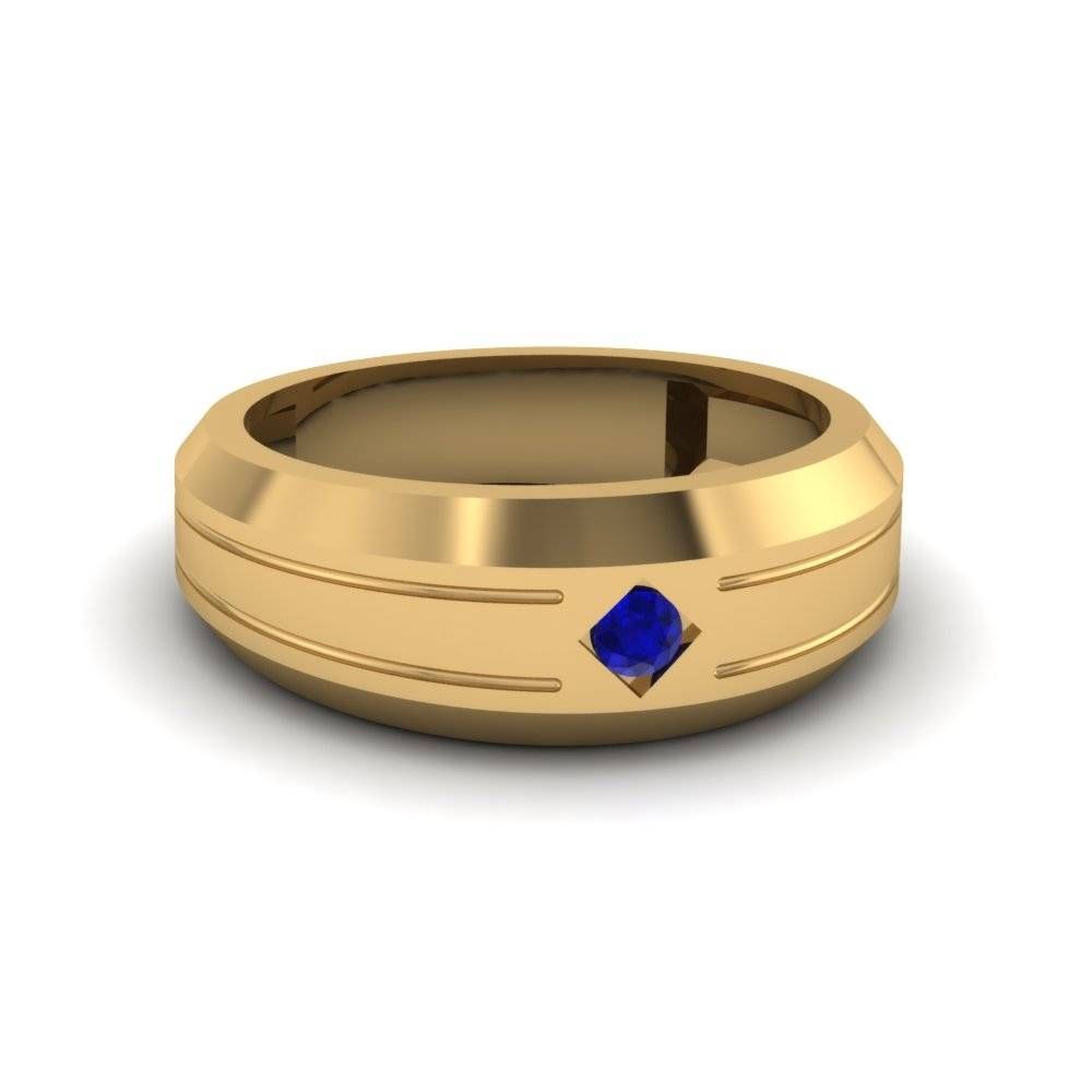 Bezel Round Blue Sapphire Mens Band Engagement Ring In 18k Yellow With Gold Mens Engagement Rings (View 5 of 15)