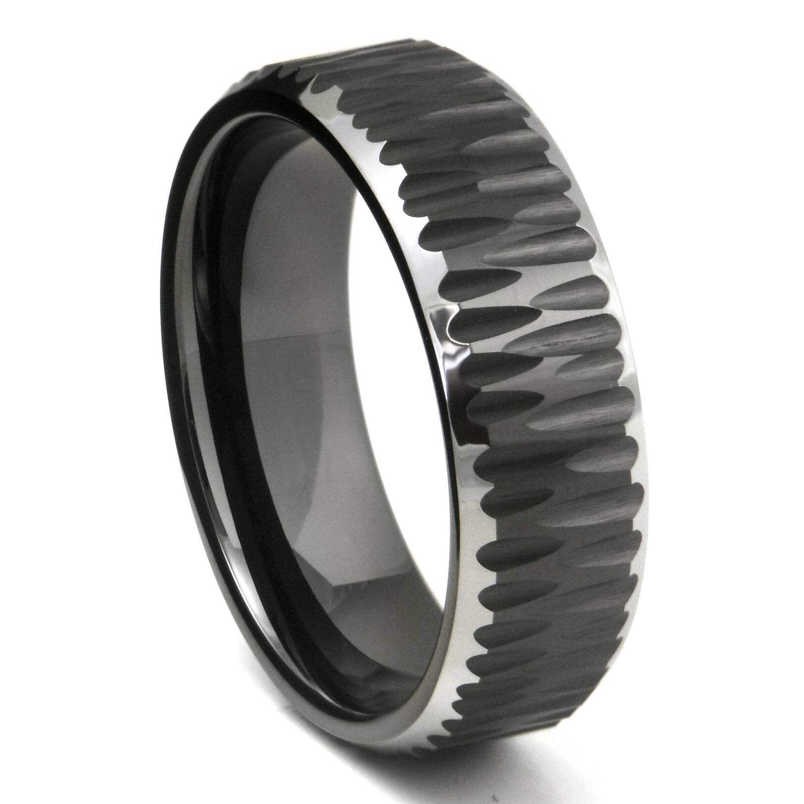 Black Tungsten Carbide Hammer Finish Beveled Wedding Band Ring With Tungsten Wedding Bands (Photo 169 of 339)