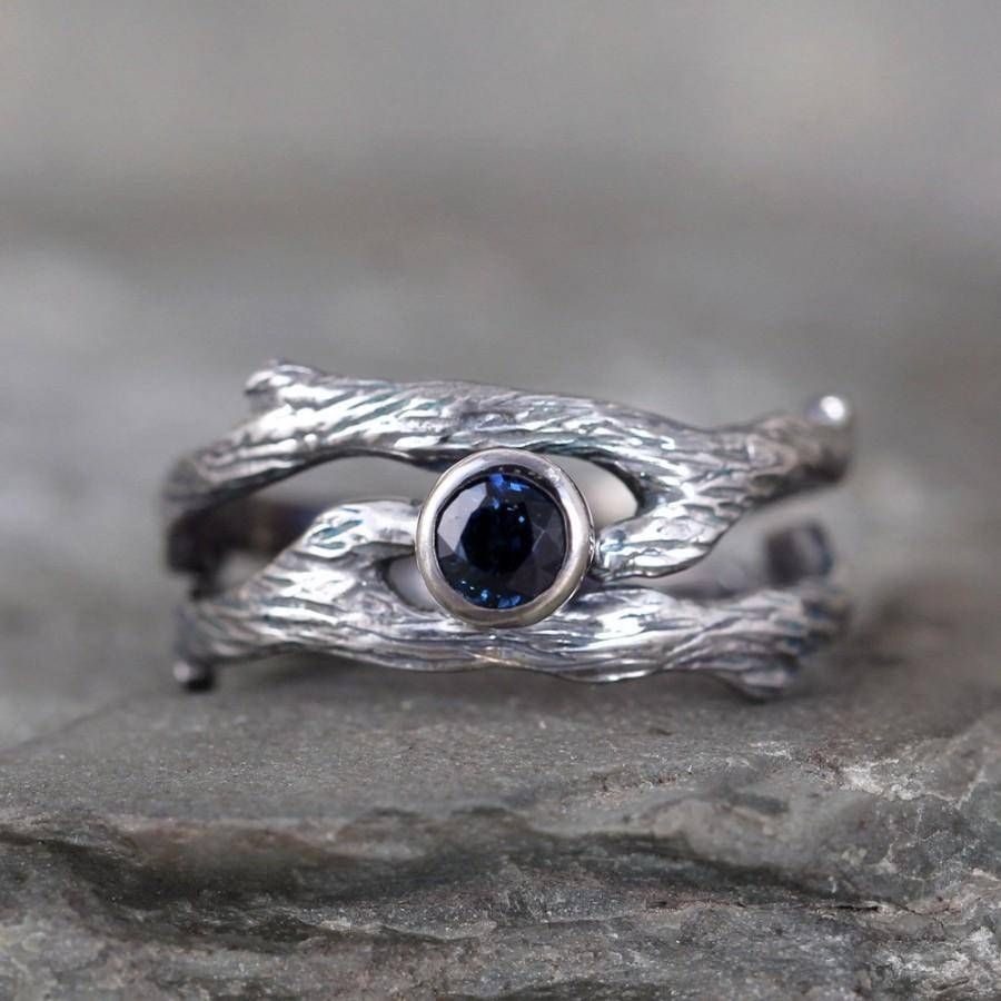 Blue Sapphire Twig Style Engagement Ring And Wedding Band Set With Regard To Tree Engagement Rings (View 7 of 15)