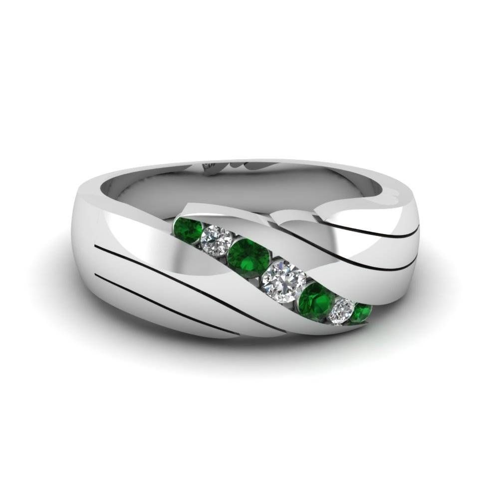 Channel Set Green Emerald Mens Wedding Ring In 14k White Gold In Emerald Wedding Rings (View 15 of 15)
