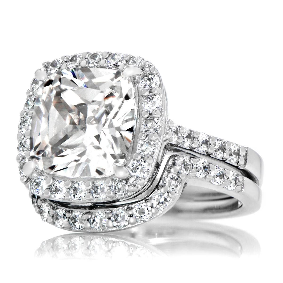 Cushion Cut Cz Halo Wedding Ring Set – 10mm With Fake Diamond Wedding Bands (View 6 of 15)