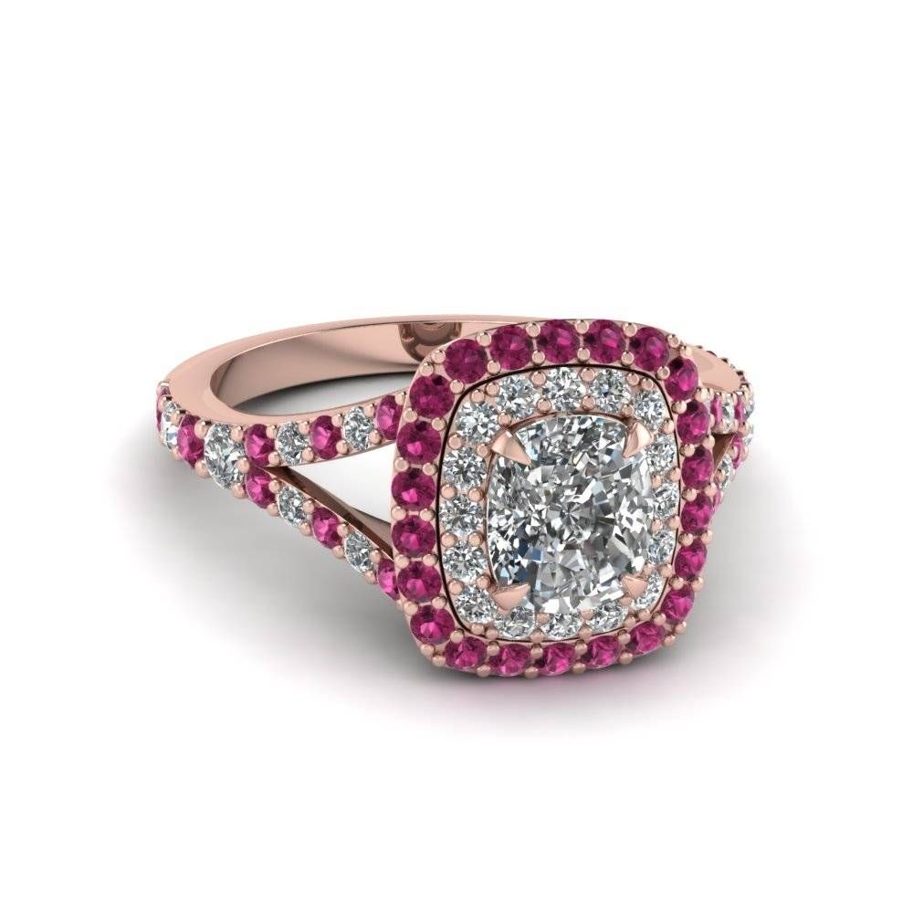 Cushion Cut Diamond Double Halo Engagement Ring With Pink Sapphire Intended For Pink Sapphire Engagement Rings (View 8 of 15)