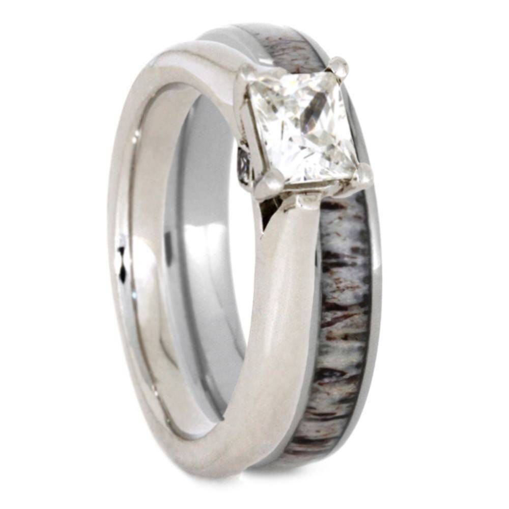 Deer Antler Bridal Set With Moissanite Engagement Ring And Antler Ring Regarding Antler Engagement Rings (View 4 of 15)