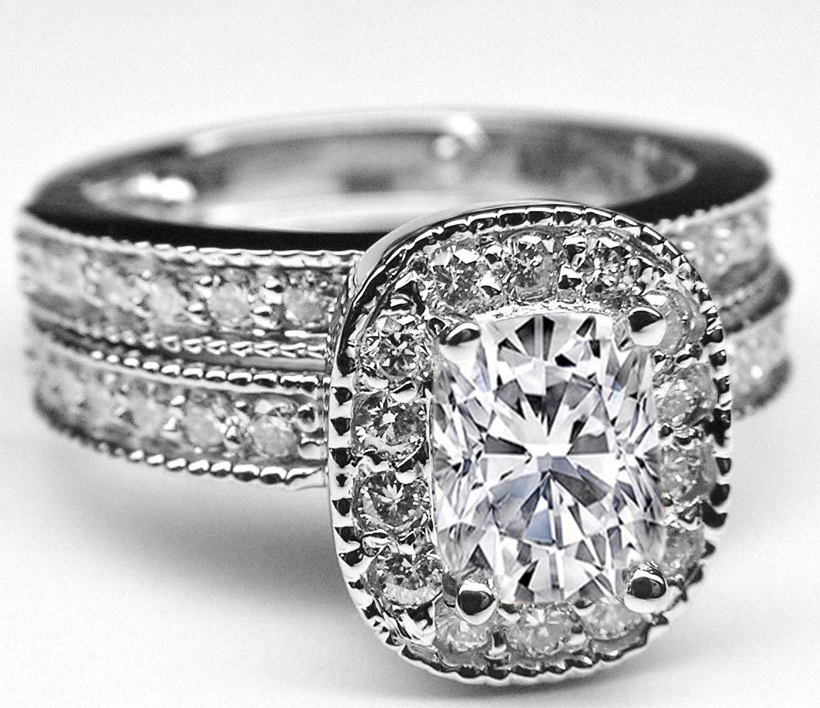 Engagement Ring  Cushion Diamond Halo Engagement Ring & Matching Throughout Matching Engagement And Wedding Bands (View 4 of 15)