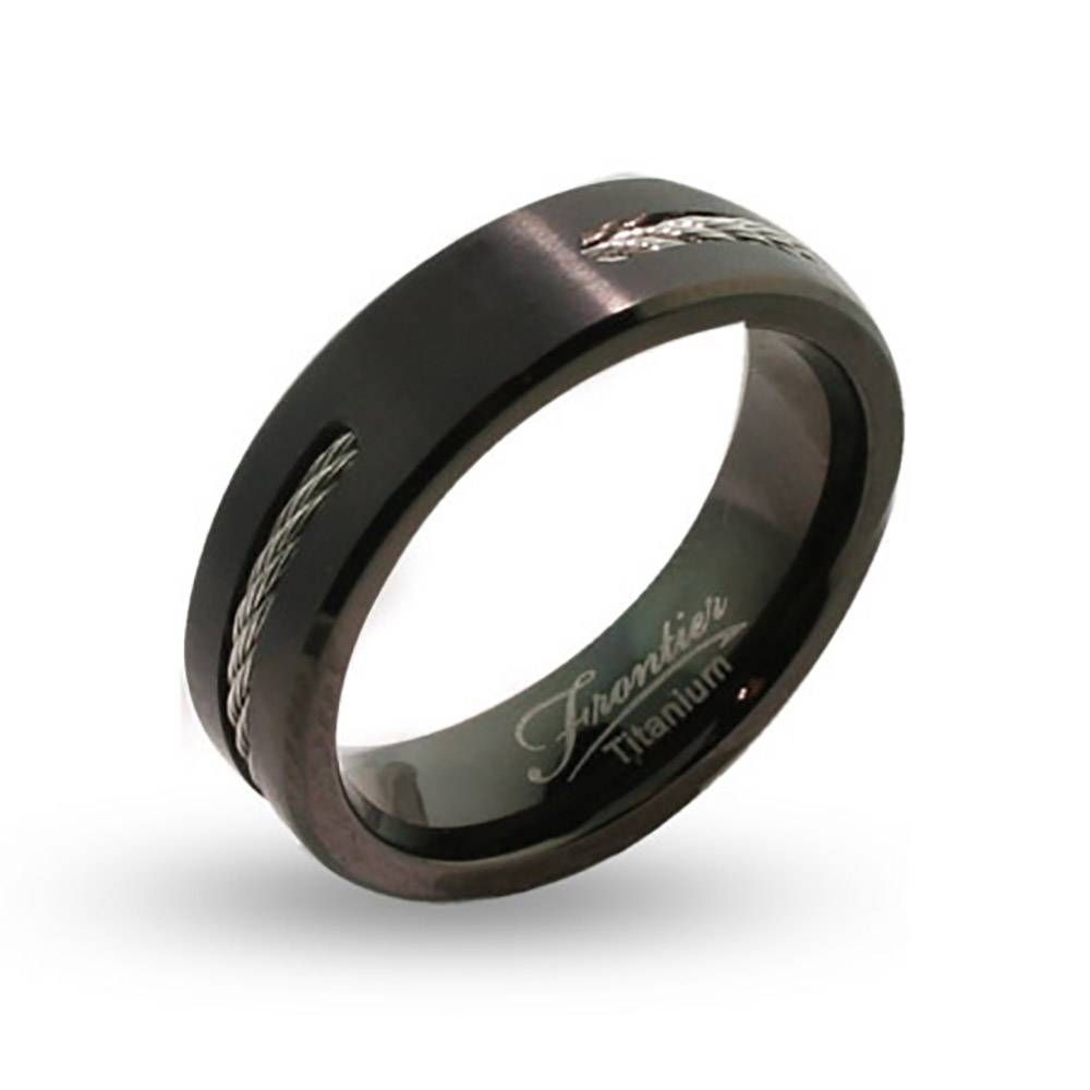 Engravable Black Titanium Signet Ring With Cable Inlay | Eve's In Engravable Titanium Wedding Bands (Photo 15 of 15)
