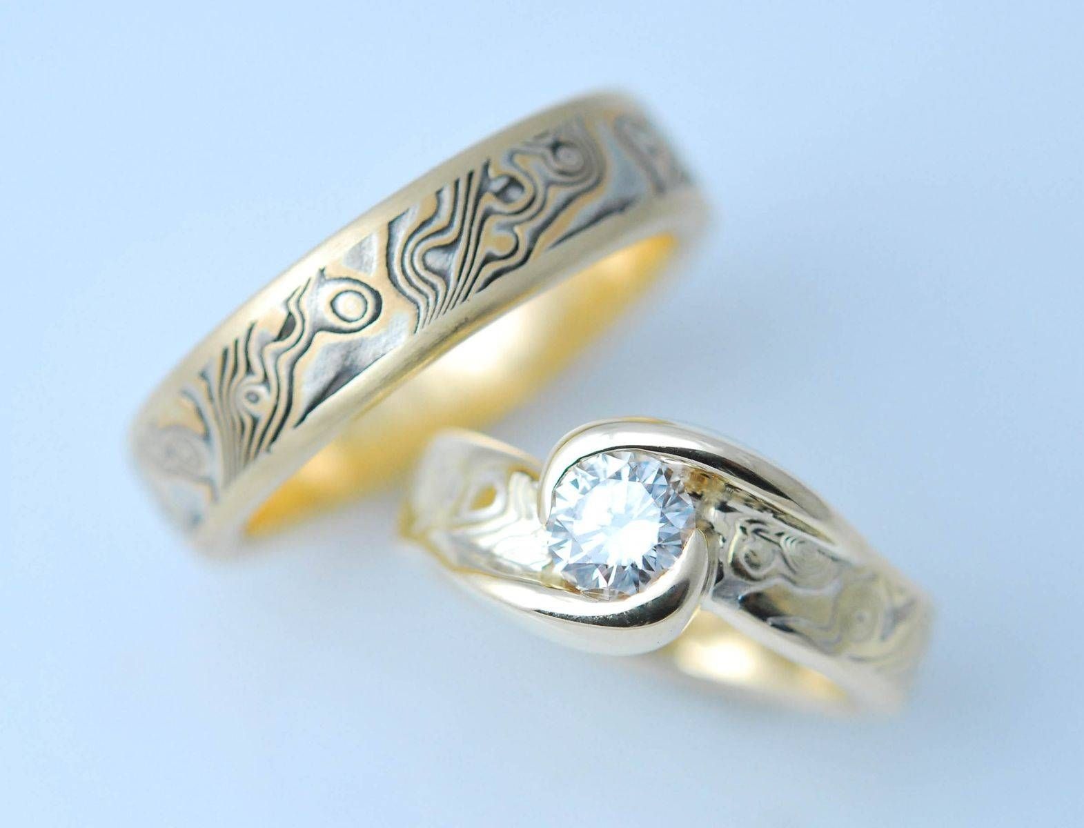 Hand Made Custom Mokume Gane Two Ring Wedding Setdiamondpeak With Mokume Wedding Bands (Photo 3 of 15)