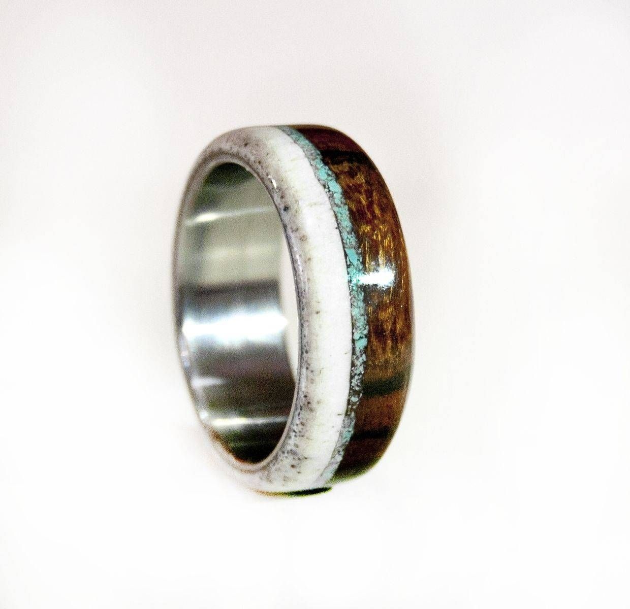 Hand Made Mens Wedding Band Wood And Antler With Turquoise And Inside Horn Inlay Titanium Wedding Bands (Photo 1 of 15)