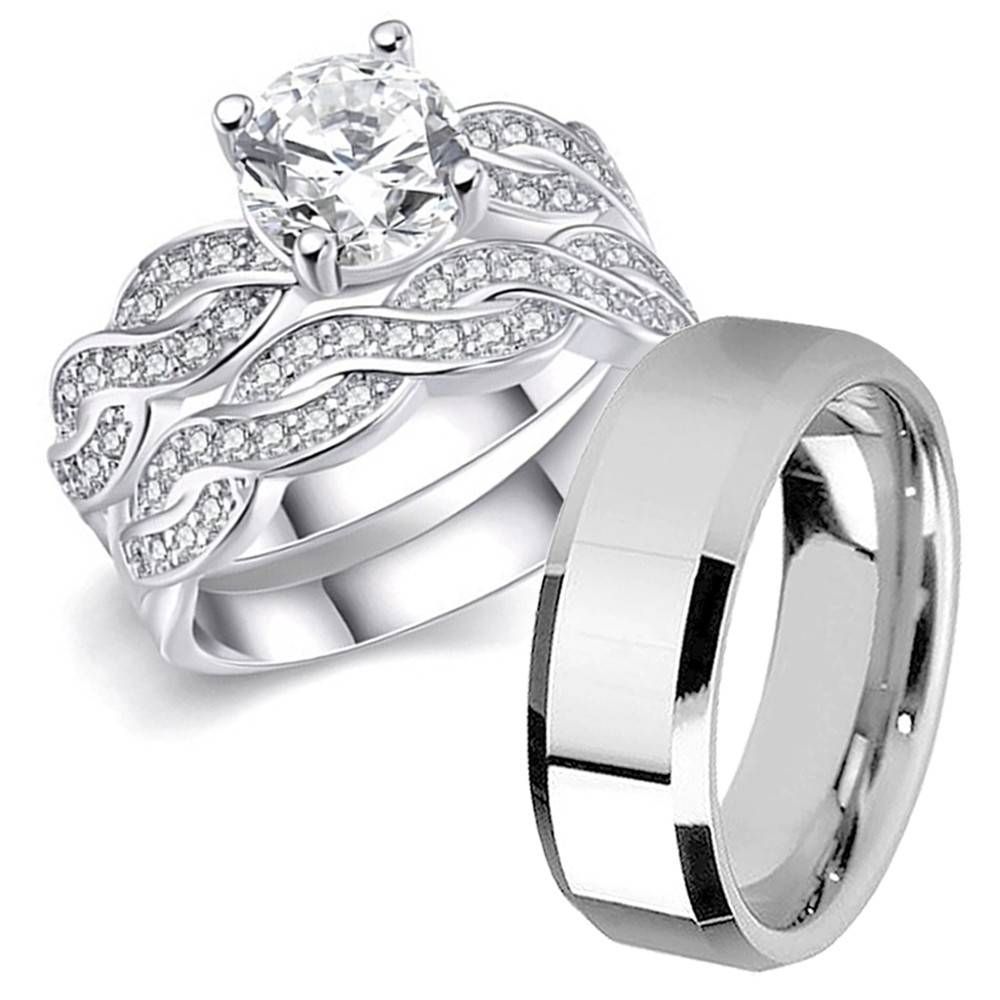 His Hers 3 Pcs Men's Stainless Steel Band & Women Infinity With Regard To Infinity Wedding Bands Sets (View 7 of 15)