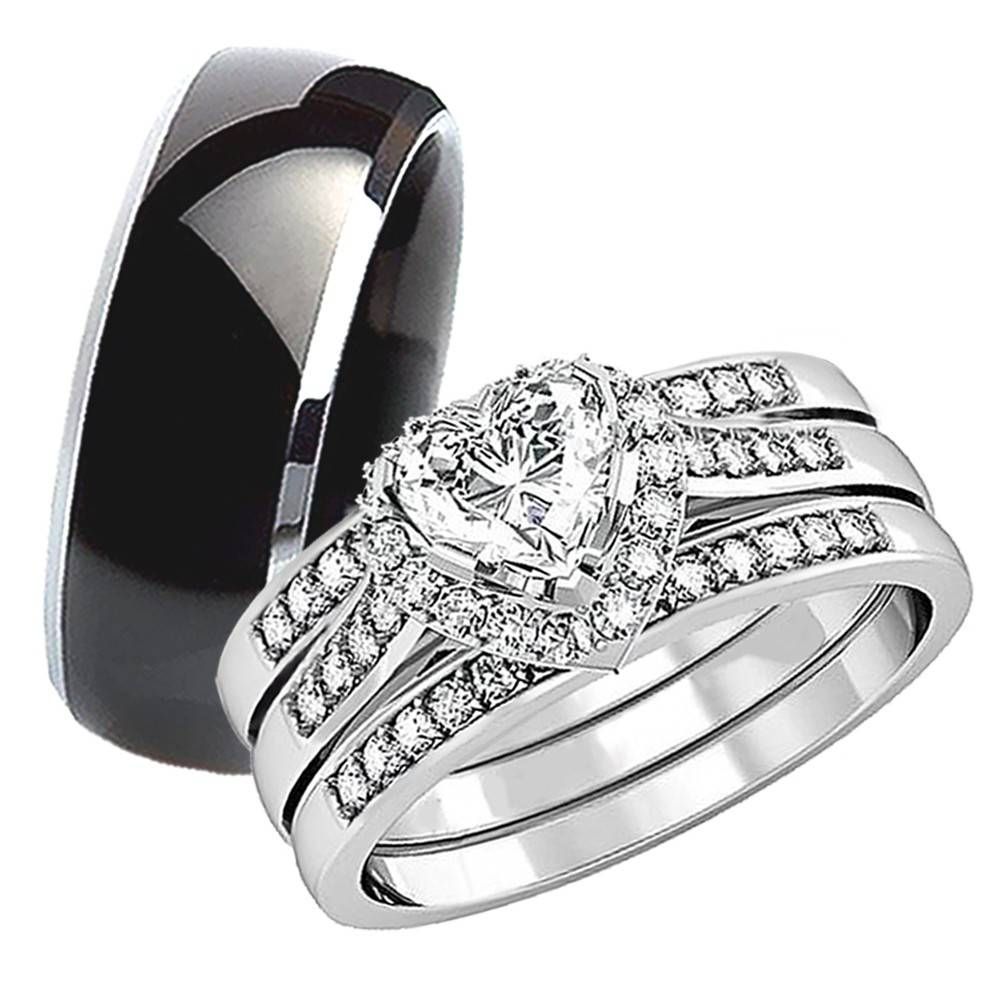 His Hers 4pcs Black Titanium Matching Band Cute Women Princess Cut For Cheap Wedding Bands Sets His And Hers (View 14 of 15)