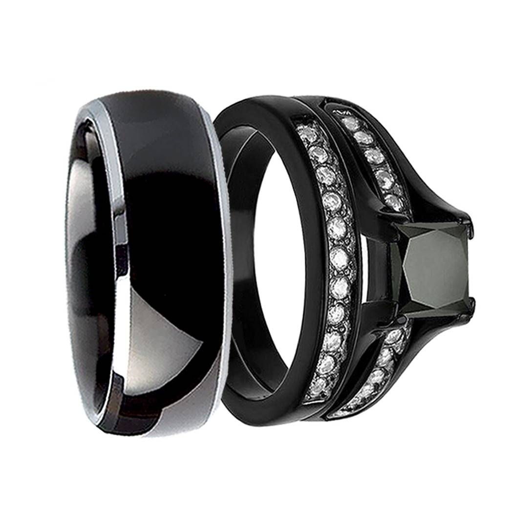 His & Hers Black 3pcs Tungsten Men's Matching Band & Sterling Pertaining To Women Tungsten Wedding Bands (View 14 of 15)