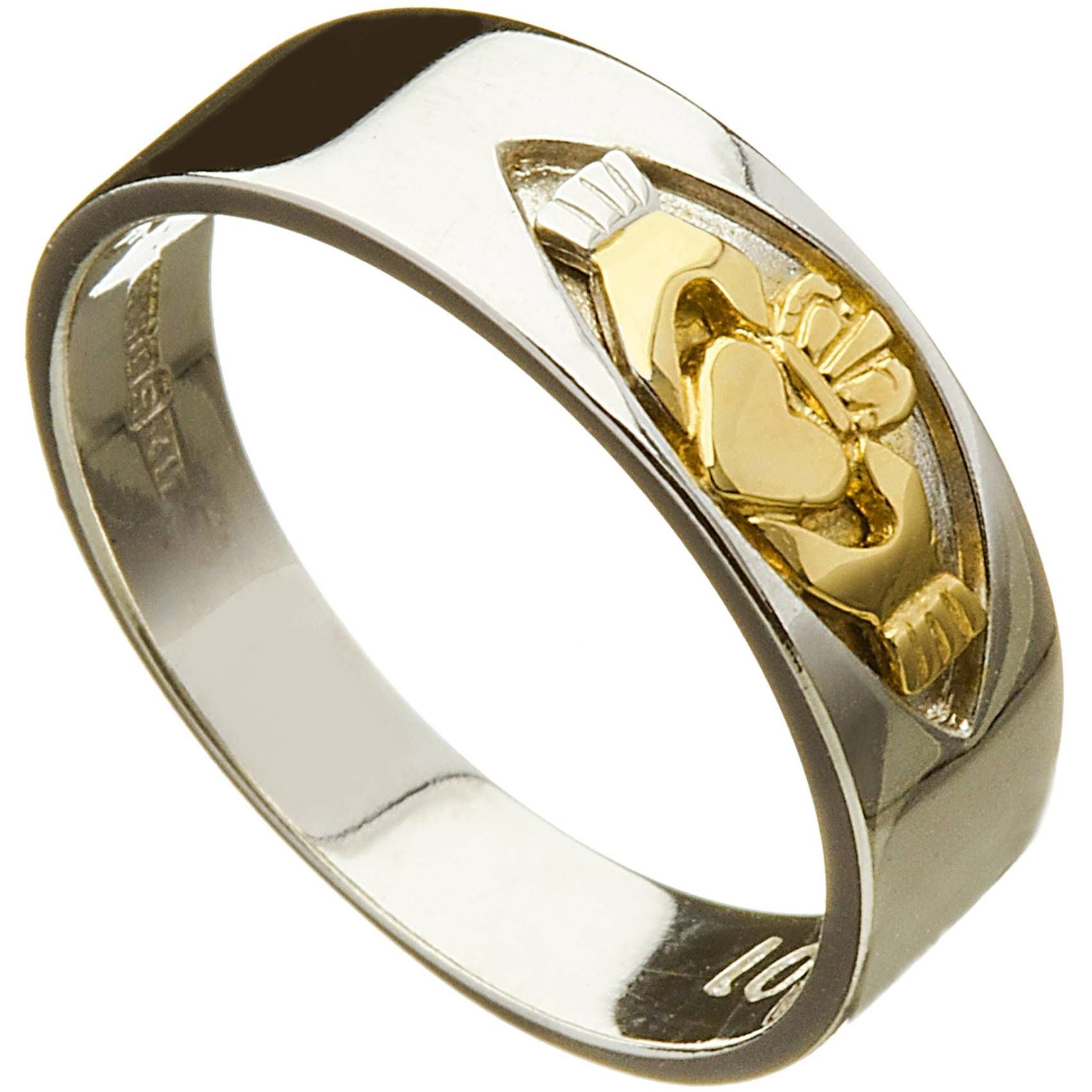 Irish Wedding Ring – Mens Claddagh Insert 10k White Gold Band At In Irish Men's Wedding Bands (View 10 of 15)