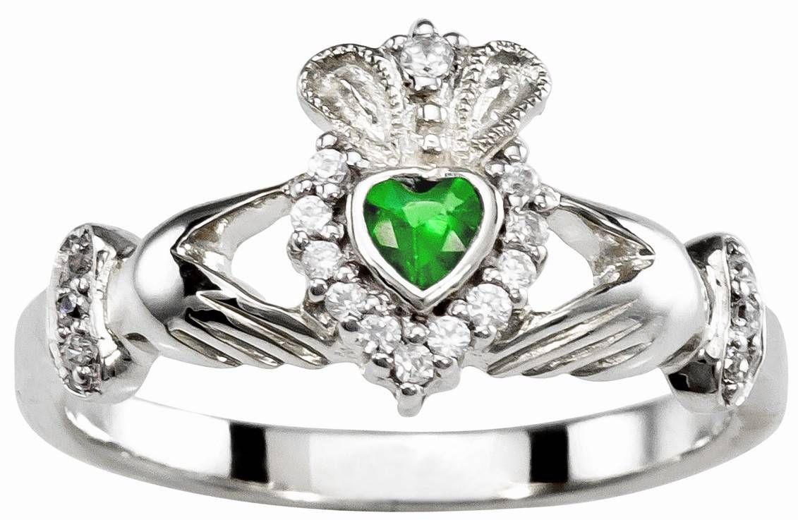 Ladies Emerald Diamond Silver Claddagh Ring – May Birthstone In Irish Emerald Engagement Rings (View 11 of 15)