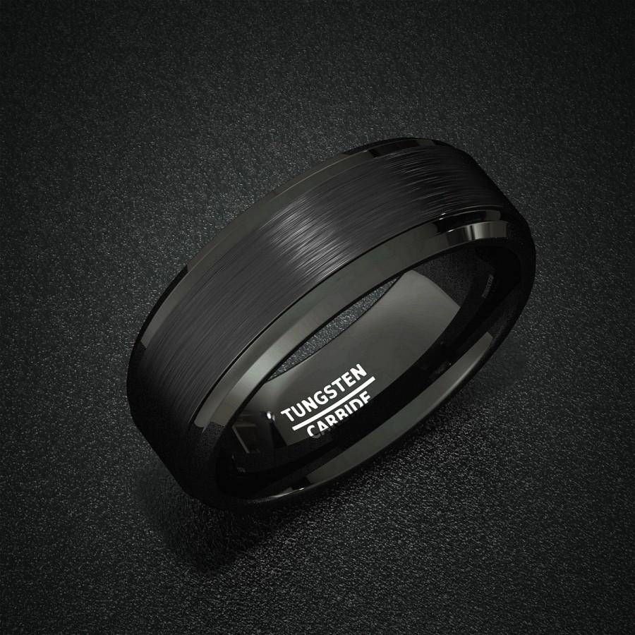 Mens Wedding Band Black Matte Brushed Surface Grooved Tungsten Throughout Matte Black Mens Wedding Bands (View 2 of 15)
