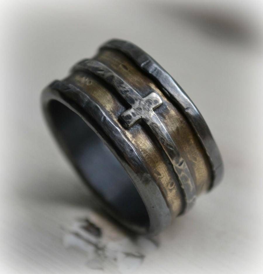 Mens Wedding Band – Rustic Fine Silver Brass And Sterling Silver Within Mens Cross Wedding Bands (View 5 of 15)