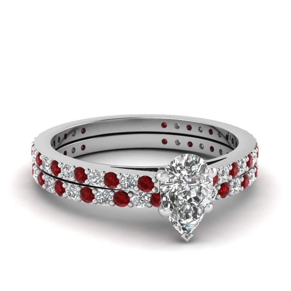 Pear Shaped Diamond Wedding Ring Set With Red Ruby In 14k White Regarding Engagement Rings And Wedding Ring Sets (View 8 of 15)