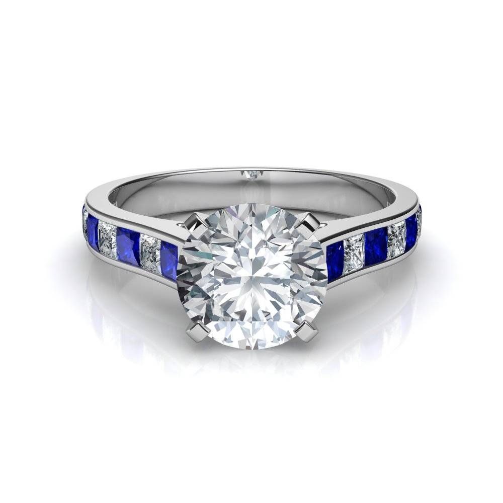 Princess Cut Channel Set Diamond And Blue Sapphire Engagement Ring With Regard To Princess Cut Sapphire Engagement Rings (View 15 of 15)