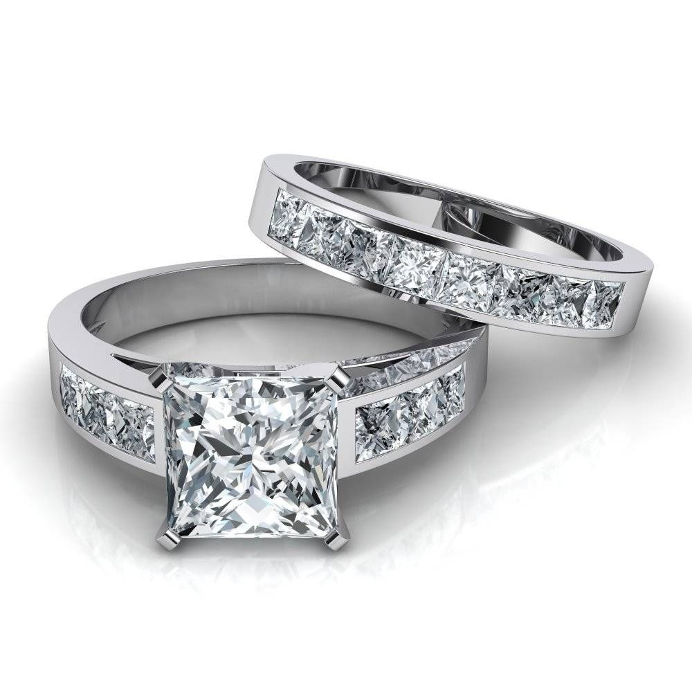 Princess Cut Engagement Ring And Wedding Band Bridal Set Inside Engagement Rings With Bands (View 10 of 15)
