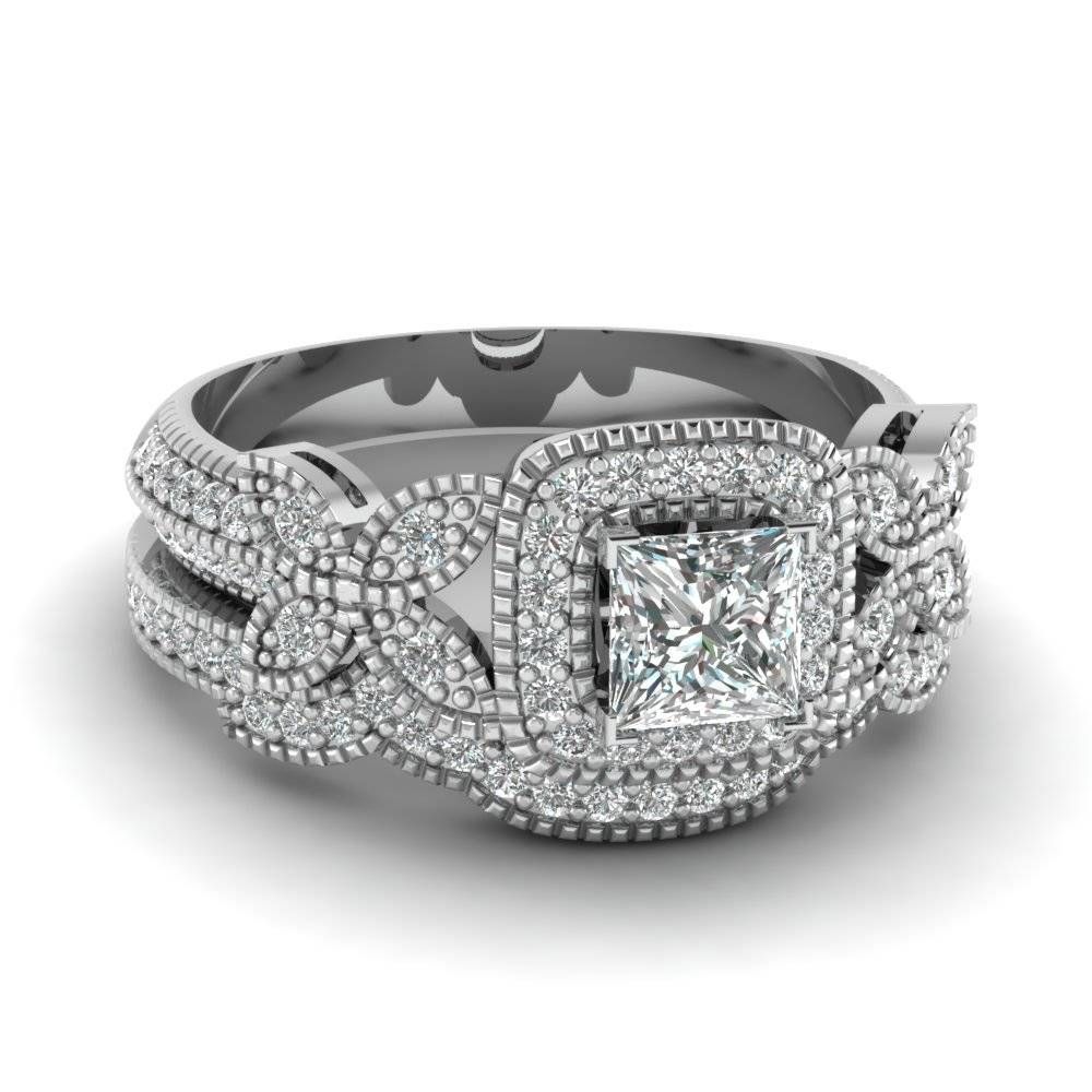 Princess Cut Halo Diamond Wedding Ring Set In 14k White Gold With Regard To Princess Cut Diamond Wedding Rings (View 2 of 15)