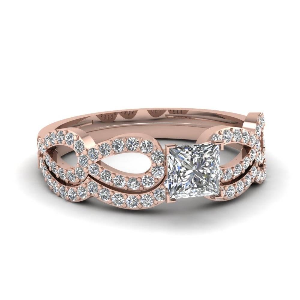 Rose Gold Princess White Diamond Engagement Wedding Ring In Prong With Regard To Infinity Wedding Bands Sets (View 3 of 15)