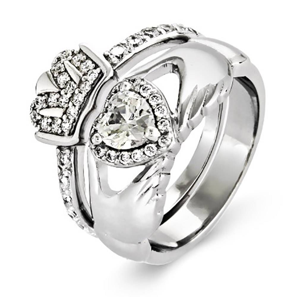 Silver Cz Claddagh Engagement Ring Set | Eve's Addiction® Pertaining To Claddagh Rings Engagement Rings (View 6 of 15)