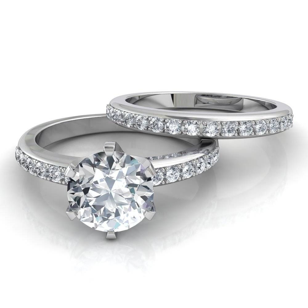 Six Prong Pavé Solitaire Engagement Ring And Wedding Band Bridal Set Throughout Gold Engagement Rings And Wedding Bands (View 11 of 15)