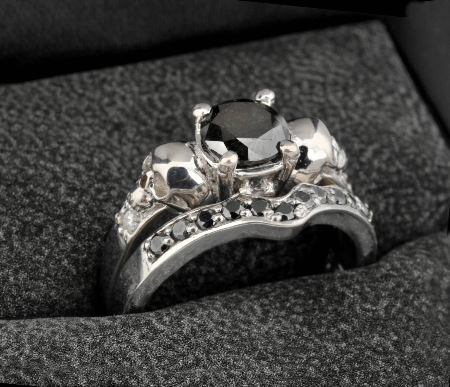 Skull Engagement Ring Set Wedding Ring Set With 14k White Pertaining To Black Diamond Skull Engagement Rings (View 8 of 15)