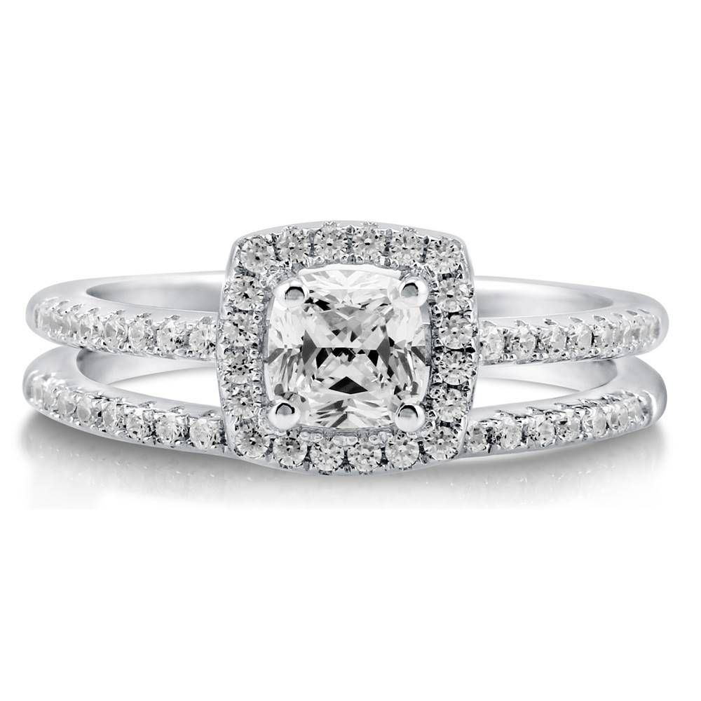 Sterling Silver Cushion Cubic Zirconia Cz Halo Engagement Regarding Engagement Rings And Wedding Band Set (View 9 of 15)