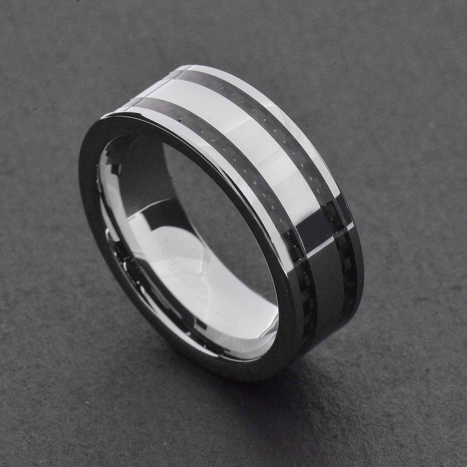 Tungsten Carbide Ring Comfort Fit Wedding Band Men Silver Blue With Regard To Black And Silver Mens Wedding Rings (View 1 of 15)