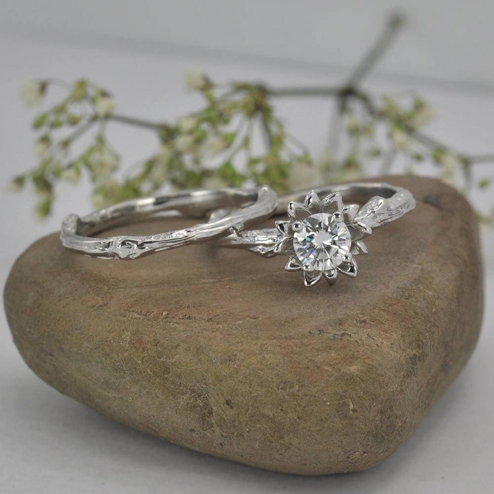 Twig Bridal Set Wedding Band Bark Ring Texture / Lotus Flower Pertaining To Tree Inspired Engagement Rings (View 9 of 15)