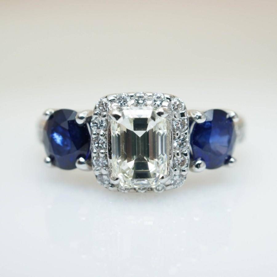 Vintage Sapphire Engagement Ring Oval Sapphire Emerald Cut Diamond With Regard To Sapphire Engagement Rings With Wedding Band (View 1 of 15)