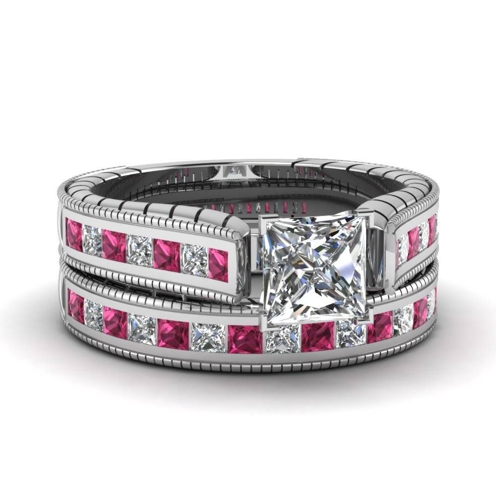 White Gold Princess White Diamond Engagement Wedding Ring With Pertaining To Princess Cut Diamond Wedding Rings Sets (View 14 of 15)