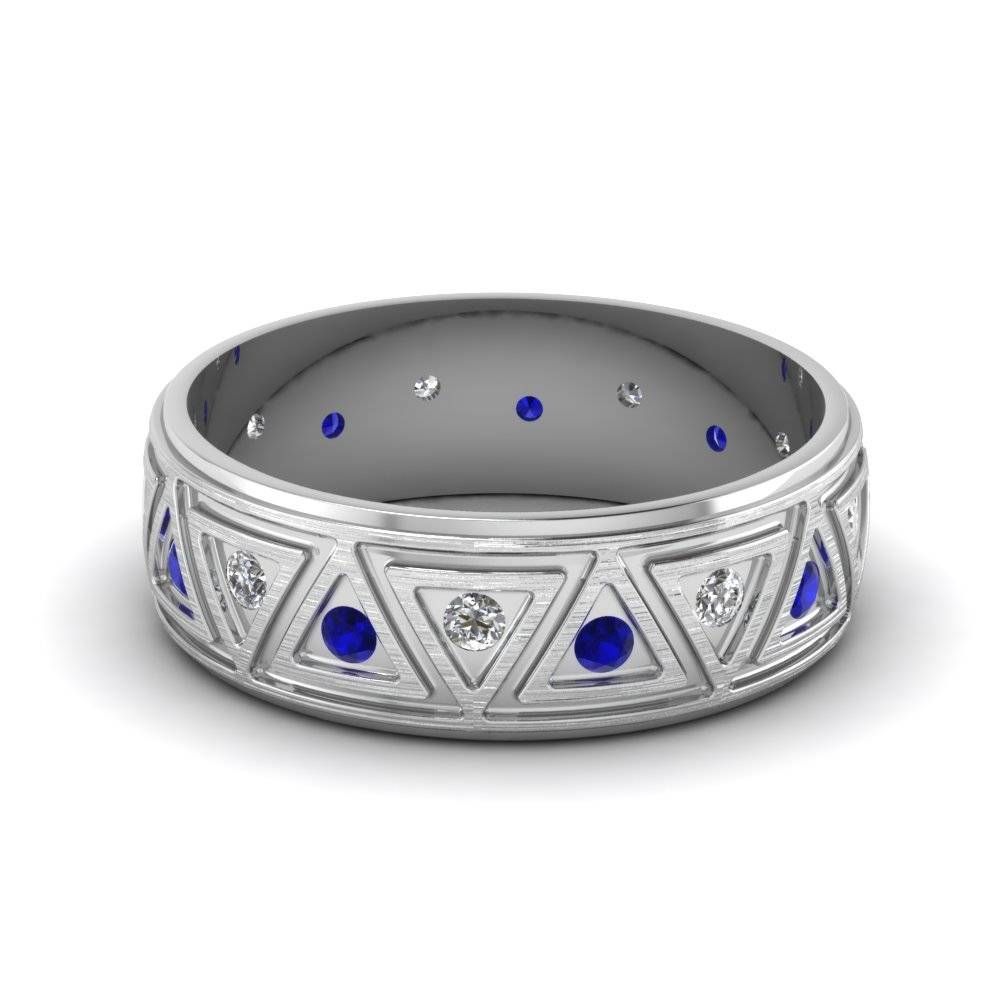 White Gold Round Blue Sapphire Mens Wedding Band With White With Regard To Men&#039;s Wedding Bands With Ruby (View 5 of 15)