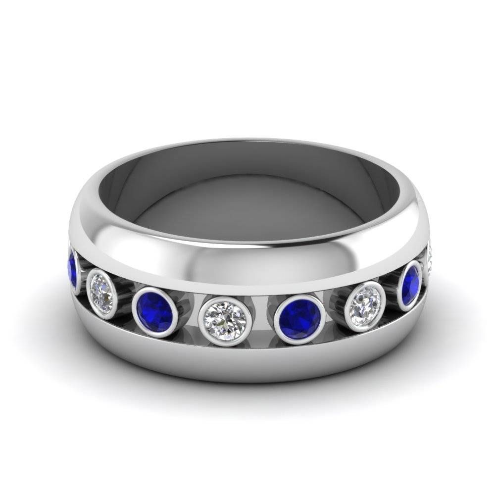 White Gold Round White Diamond Mens Wedding Band With Blue Intended For Mens Blue Sapphire Wedding Bands (View 3 of 15)