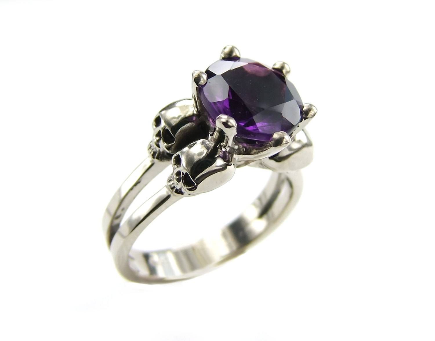 White Gold Skull Ring Goth Engagement Ring Amethyst Within Gothic Engagement Rings For Women (View 1 of 15)