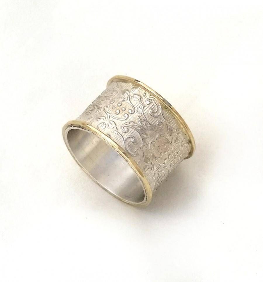 Wide Silver Wedding Ring, Flower And Leaf Pattern, Women's Wedding In Women&#039;s Wide Wedding Bands (View 3 of 15)