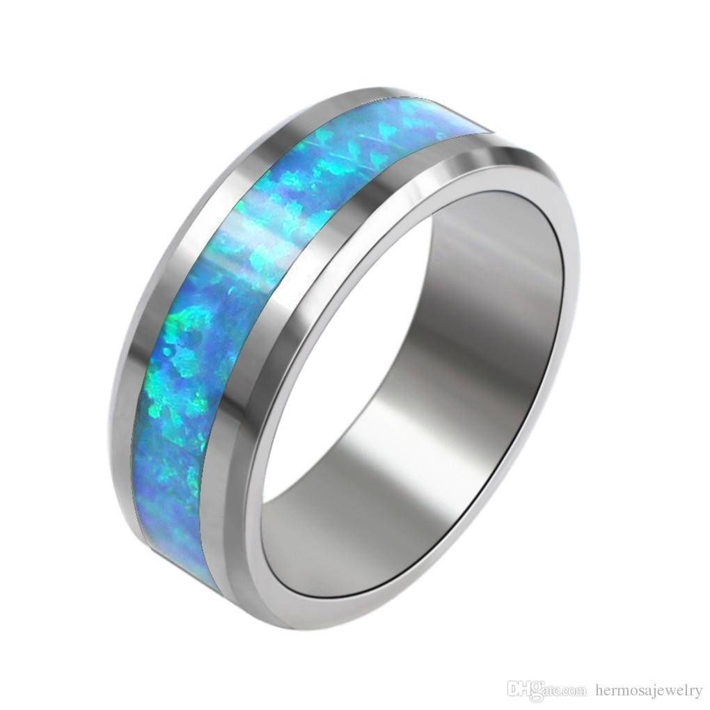 Women Ladies Rings Fashion Thin Blue Line Tungsten Opal Ring Within Thin Blue Line Wedding Bands (View 5 of 15)